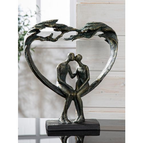 Skulptur, Herz, "Kiss under Tree", Paarmotiv, Kunstharz, bronzefarben
