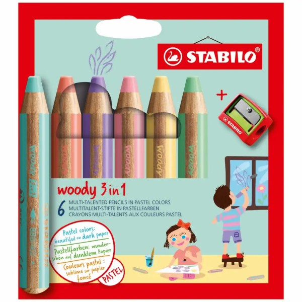 Buntstifte woody 3in1 6er Pastellfarben mit Spitzer